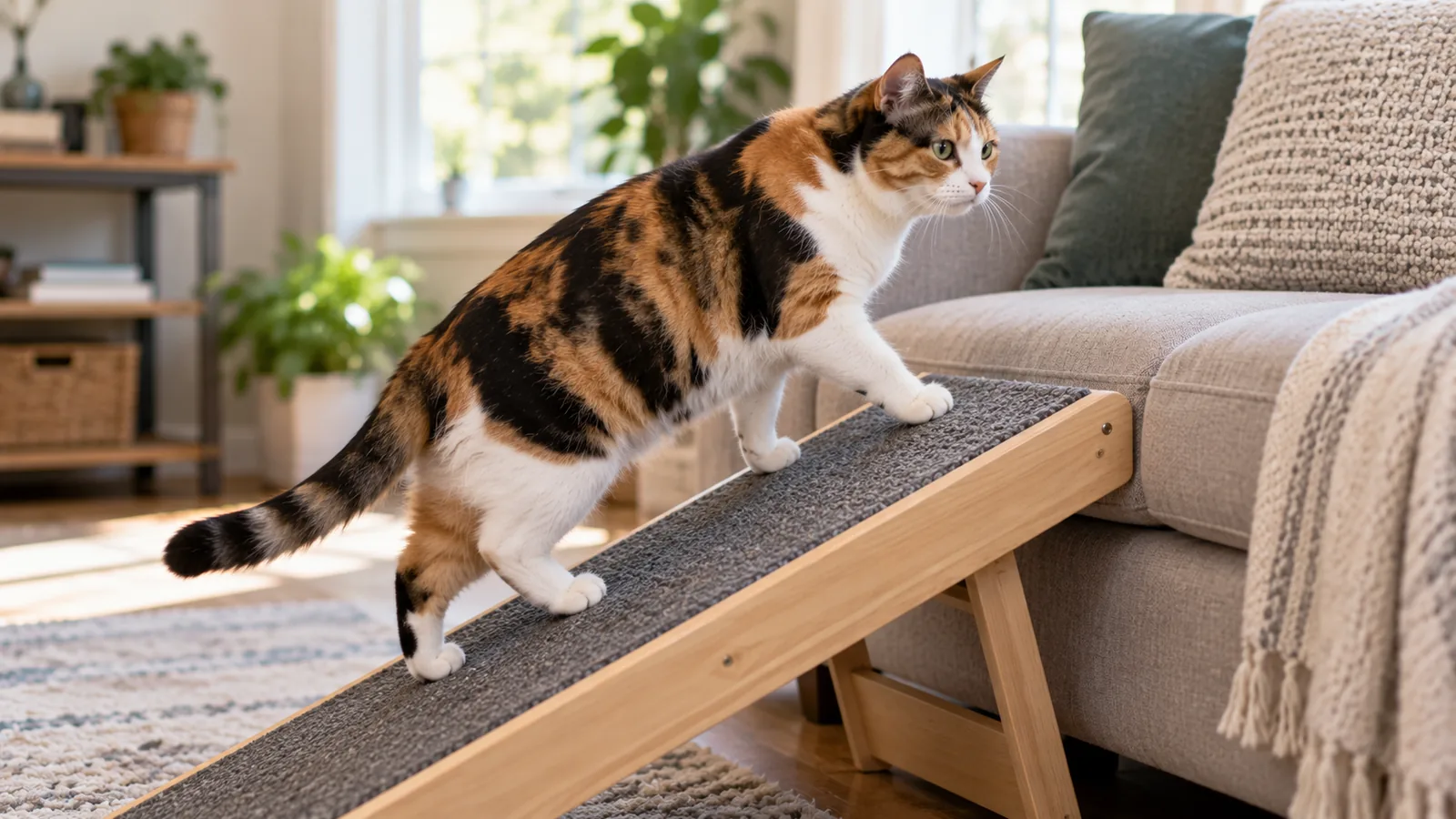 A calico cat walks up a carpeted pet ramp onto a grey sofa in a bright living room.