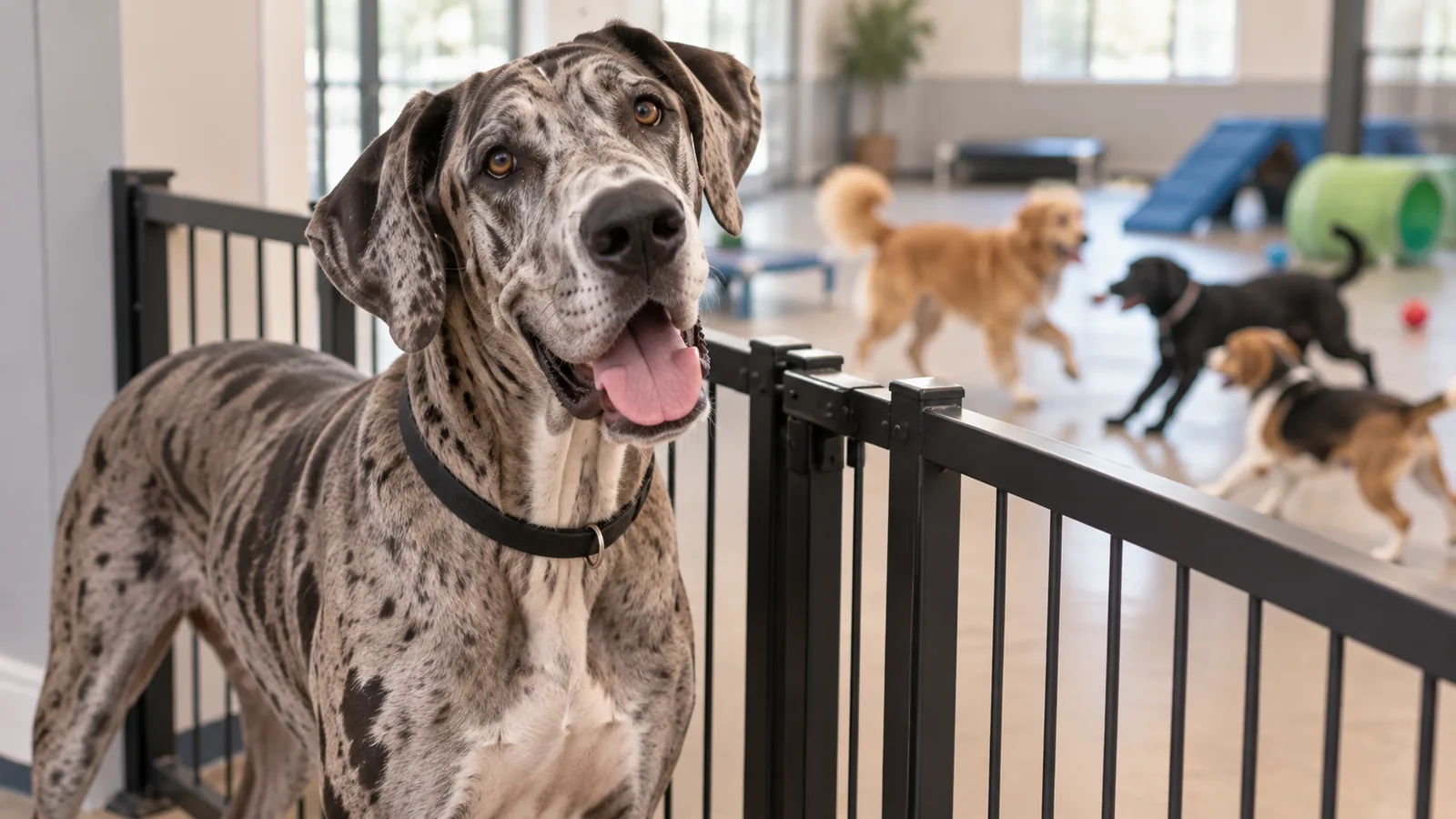 A spotted Great Dane standing at a gate in an indoor daycare room while other dogs play behind it.
